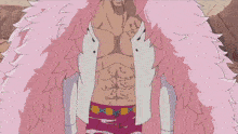 a drawing of a man with a pink feathered coat