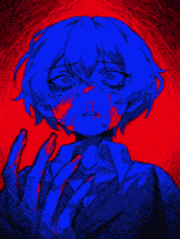 a drawing of a person with blue hair and blood on their face .