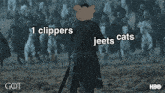 a cartoon of a knight with the words 1 clippers jeets cats written on it