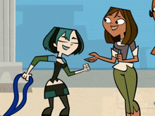 two cartoon characters are standing next to each other and one of them is holding a hose