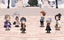 a group of cartoon characters stand in a circle