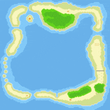 a pixelated map of a tropical island with a blue background