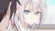 a girl with white hair and blue eyes is looking at a man and the word ciciirl is written below her