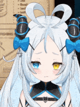 a girl with white hair and horns is standing in front of a fishing board
