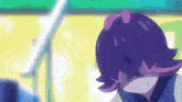 a cartoon character with purple hair and a pink bow on her head