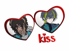 a couple of hearts with one that says kiss