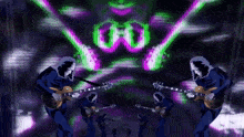 a group of skeletons are playing guitars in a dark room with purple and green lights