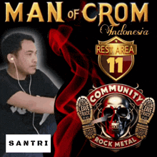 a man wearing headphones stands in front of an ad for man of crom indonesia