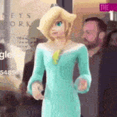 a cartoon character wearing a blue dress is standing in front of a window .