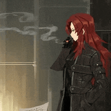 a woman with long red hair is smoking a cigarette in a room .