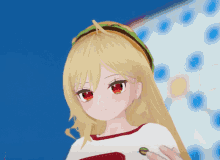 a girl with long blonde hair and red eyes is wearing a headband with a hamburger on it