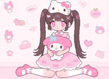 a pixel art drawing of a girl in a hello kitty outfit