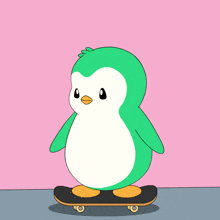 a green and white penguin is riding a skateboard