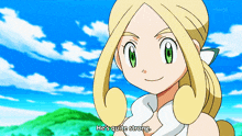 a cartoon girl says he 's quite strong in front of a blue sky