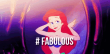 a cartoon of ariel from the little mermaid is standing in front of a purple background .