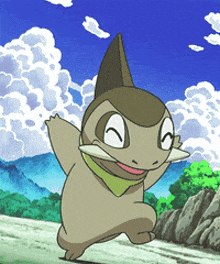 a cartoon character with a scarf around his neck is running on a road
