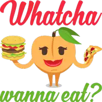 an illustration of a peach holding a hamburger and pizza with the words whatcha wanna eat below it