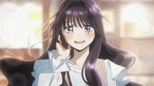 a girl with long purple hair is smiling and looking at the camera