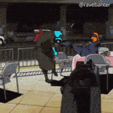 a drawing of a man standing in front of a table with the name @ravebanter on the bottom right