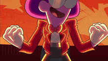 a cartoon character in a red jacket and bow tie