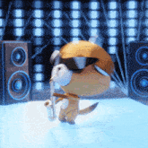 a cartoon character is playing a saxophone in a room with speakers