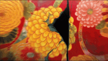 a painting of flowers on a red background with a black border