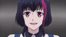 a close up of a girl with purple and pink hair and a smile on her face