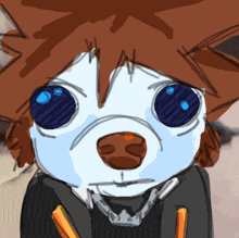a drawing of a dog with blue eyes and a crown around its neck