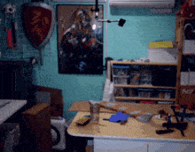 a room with a shelf that has n7 on it