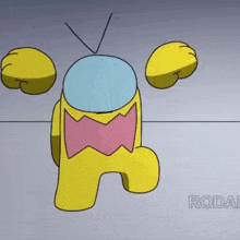 a yellow among us character with a pink mouth