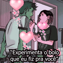 a pixel art of a boy and girl with the words experimenta o bolo que eu fiz pra voce