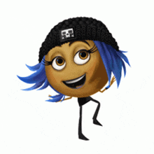 a cartoon character with blue hair wearing a black beanie