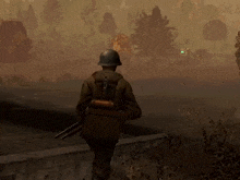 a soldier in a video game is walking across a bridge holding a gun