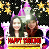 two girls are smiling in front of a castle with the words happy tasking on the bottom