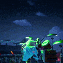 a cartoon character is playing drums in front of a crowd of people
