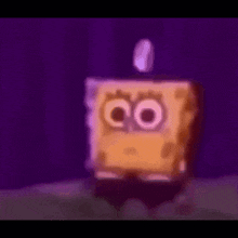 a close up of a spongebob squarepants character with a purple background and glowing eyes .