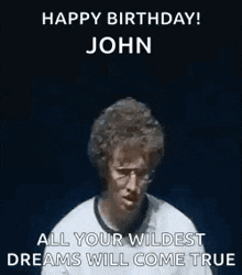a man is covering his eyes with his hands and says `` happy birthday john '' .