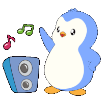 a blue and white penguin standing next to a speaker with music notes coming out of it