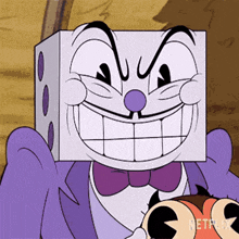 a cartoon character with a box on his head and a purple bow tie .