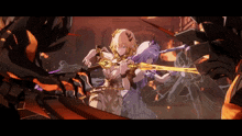 a couple of anime characters standing next to each other with one holding a sword