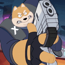 a cartoon dog is holding a gun with the letter t on it