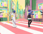 a group of anime characters are dancing on a pink and white crosswalk