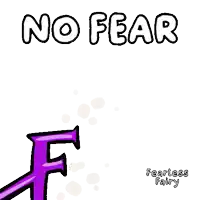 a cartoon character holding a purple letter f and the words no fear
