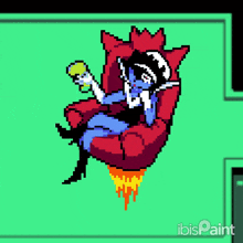 a pixel art of a woman sitting in a chair with ibis paint written on the bottom