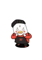 a cartoon of a duck wearing an apron that says quality cafe coffee