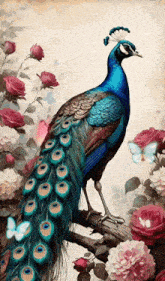 a peacock is perched on a tree branch surrounded by flowers and butterflies