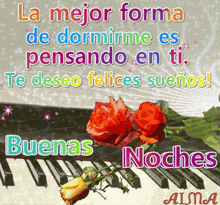 a spanish greeting card with roses and a piano