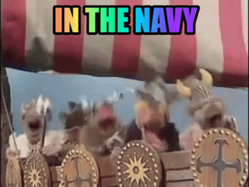 a group of stuffed animals are sitting on a boat with the words `` in the navy '' written above them .