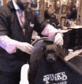 a man is cutting a dog at funk 's barber shop