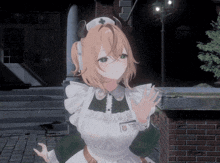 a girl in a maid outfit with a name tag that says nurse on it